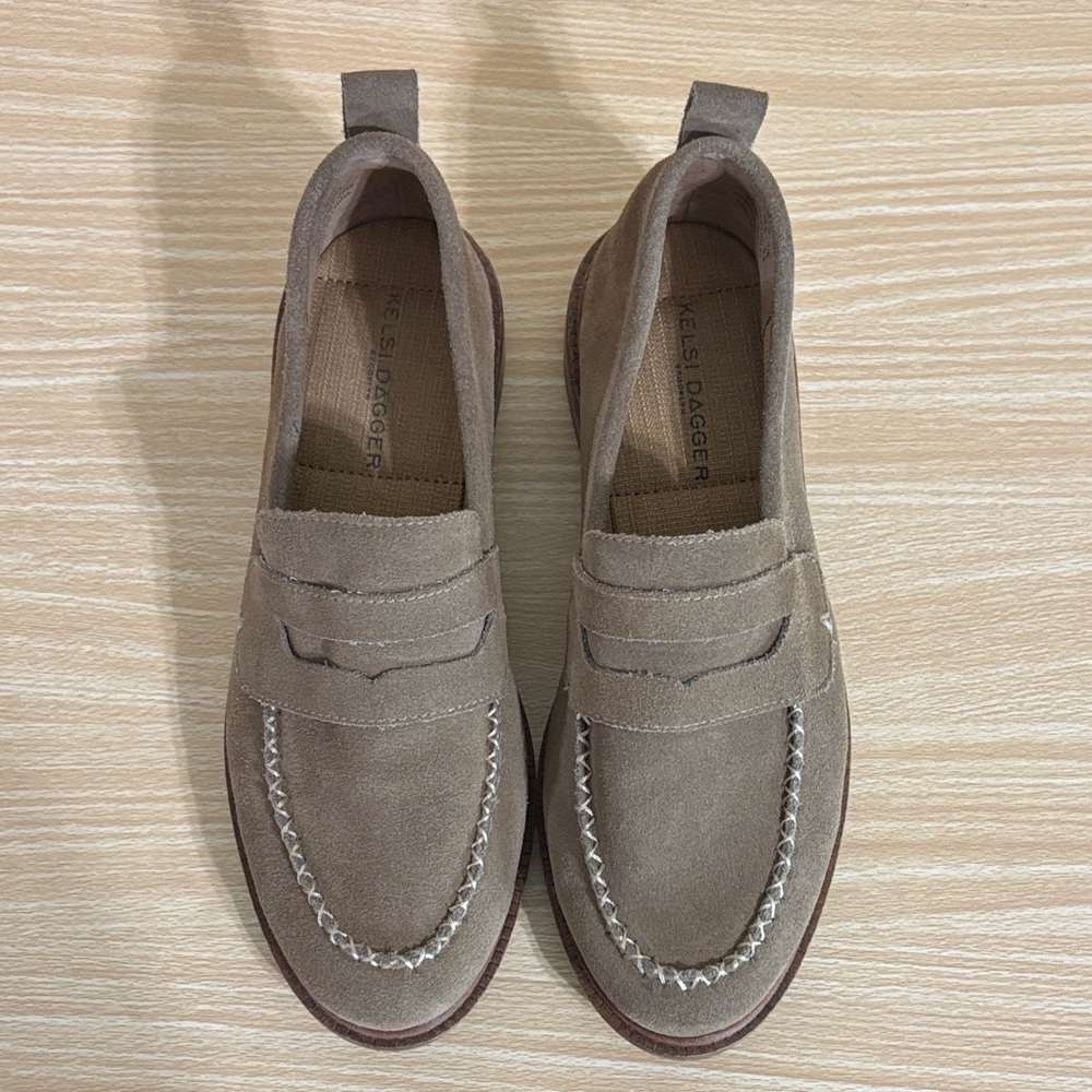 Kelsi Dagger Brooklyn Lens Suede Penny Loafers Taupe Women’s 8)